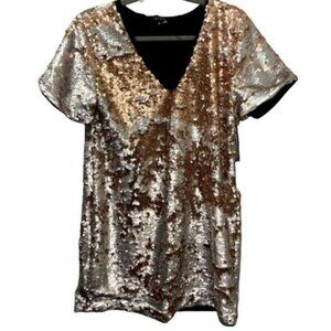 1‎ State Sequin Short Sleeve Tee V Neck Sparkles Dress Medium